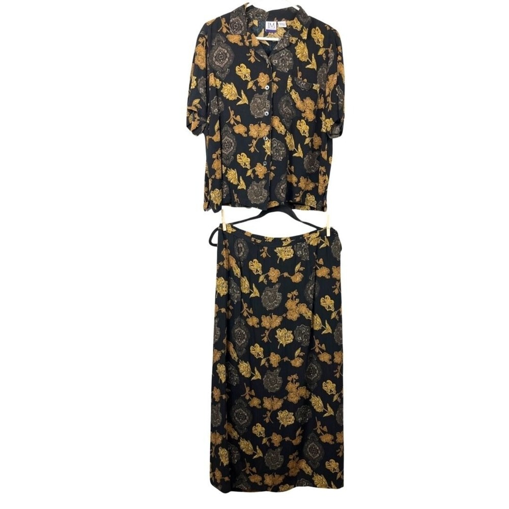 Vintage 2‎ Piece Skirt Set Sz Large Monochrome Crinkle Floral Paisley Boxy Baggy